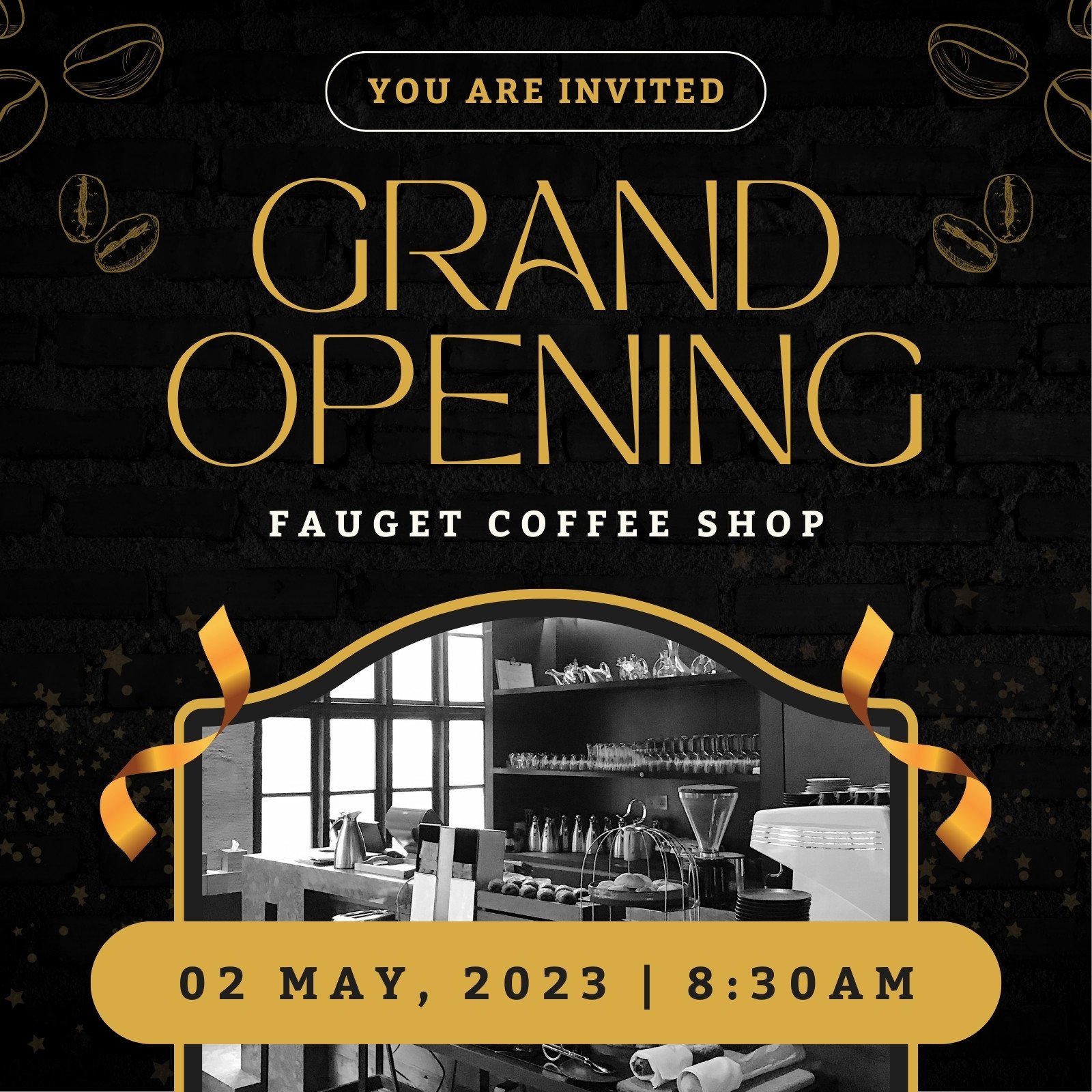 Black Gold Elegant Grand Opening Coffee Shop Invitation Square