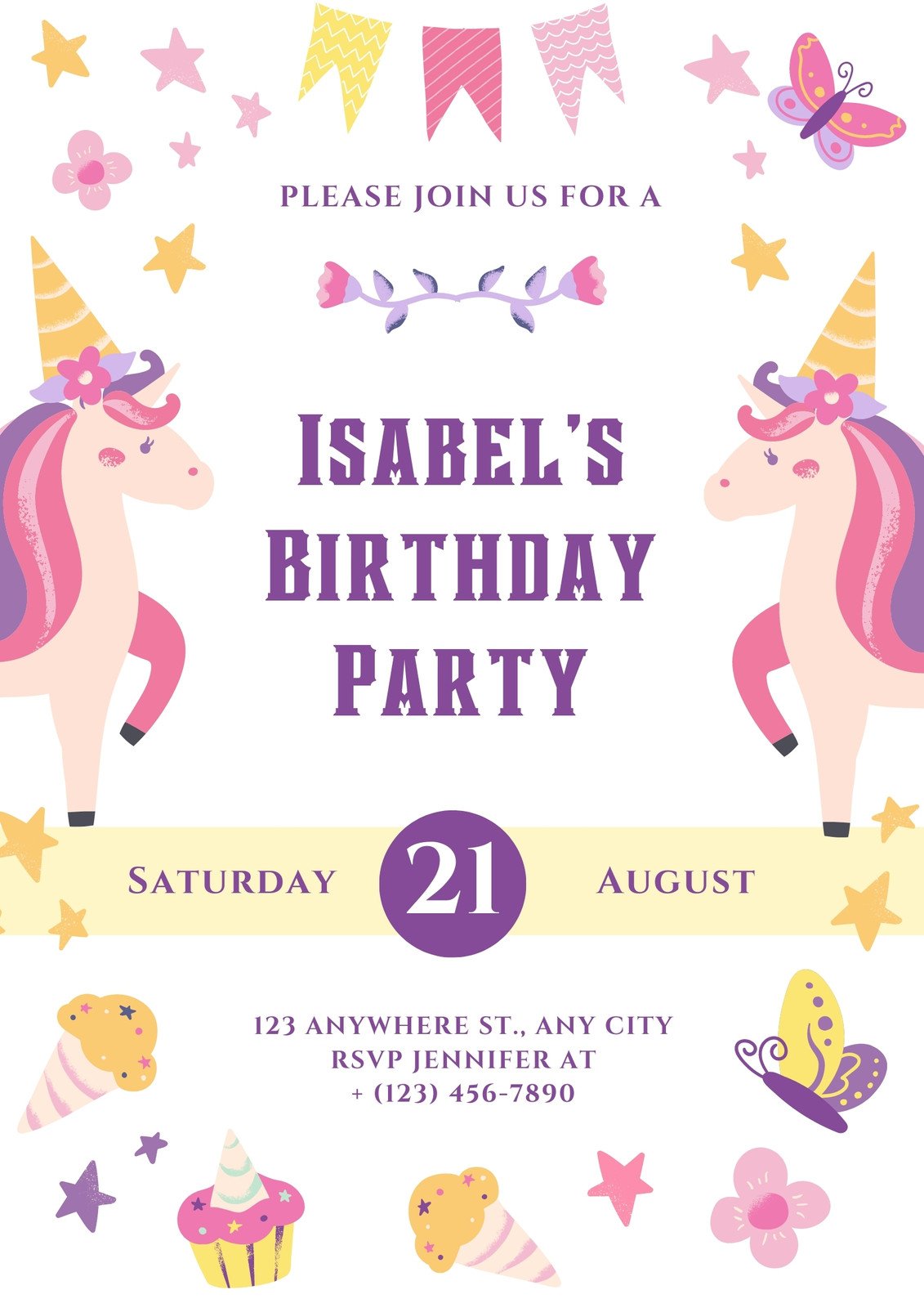 Free Unicorn birthday invitation to print or send online