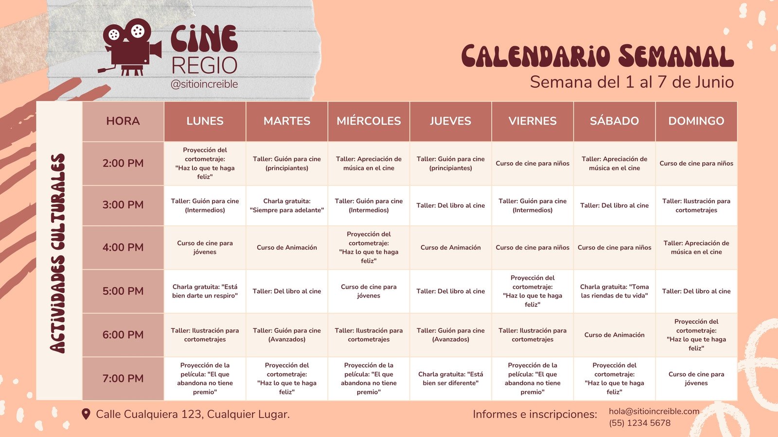 Calendario Semanal Actividades Culturales Orgánico Café Beige