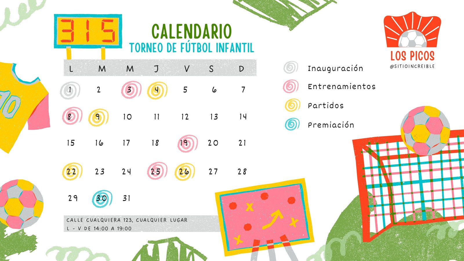 Calendario Mensual para Torneo de Futbol Ilustrado Infantil Verde