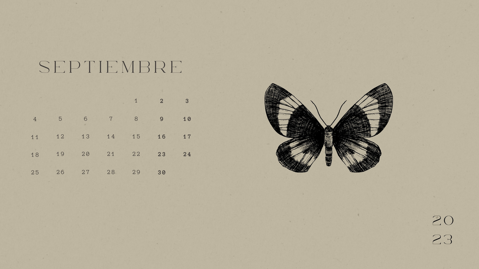 Calendario mes septiembre 2023 insecto mariposa vintage mínimo limpio verde