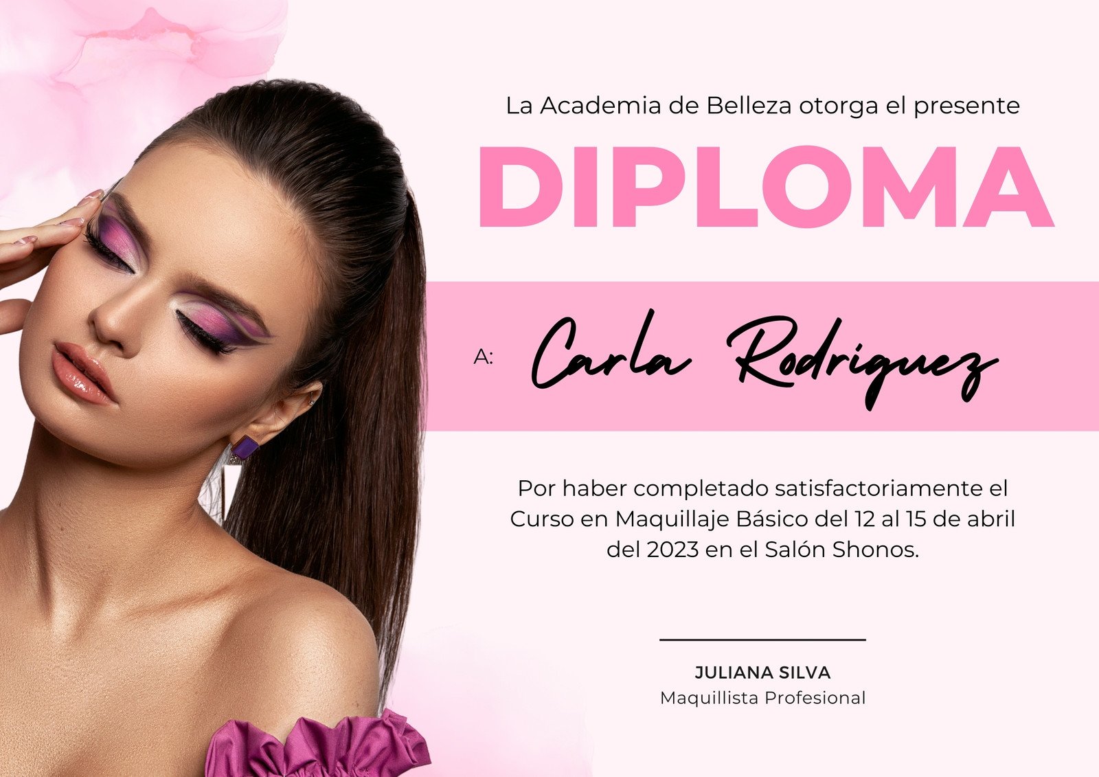 Certificado Diploma de Maquillaje Moderno Rosa