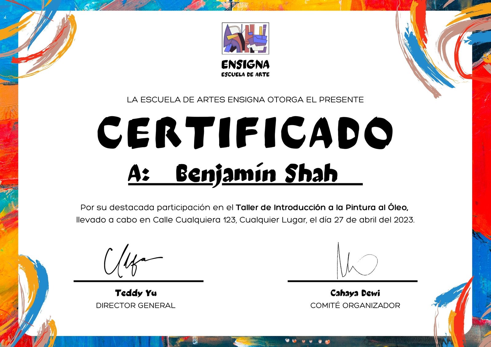 Certificado Constancia de Participación Escuela de Arte Abstracto Rojo