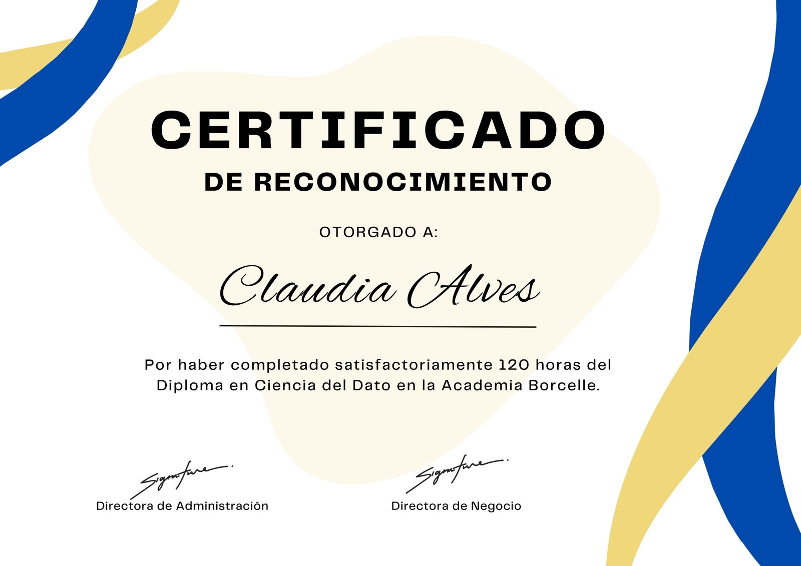 Documento A4 Certificado Académico Reconocimiento Participación Curso Sencillo Elegante Clásico Azul y Amarillo