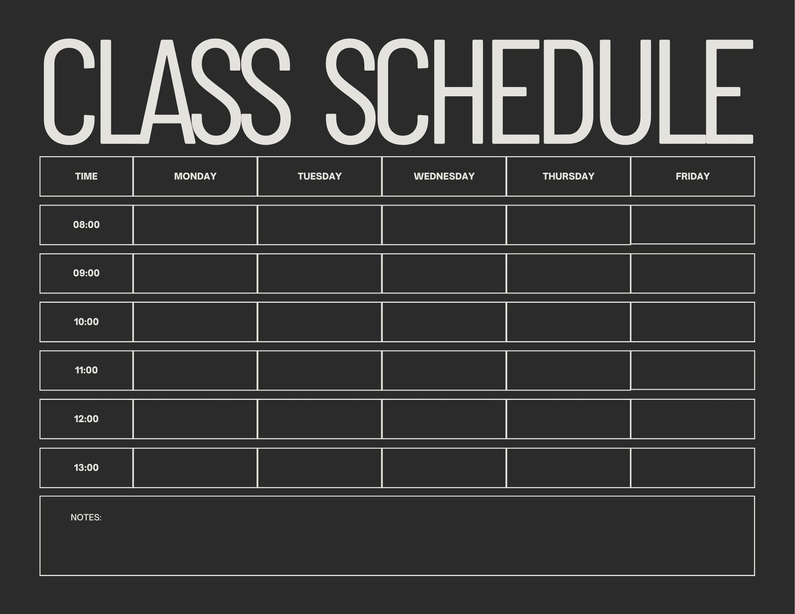 Black & White Modern Simple Printable Class Schedule