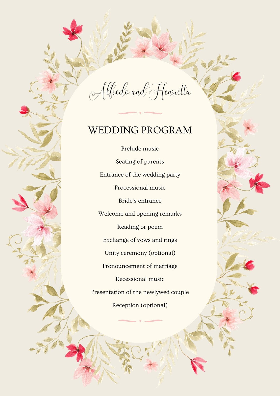 Pink and Cream Watercolor Floral Border Wedding Program
