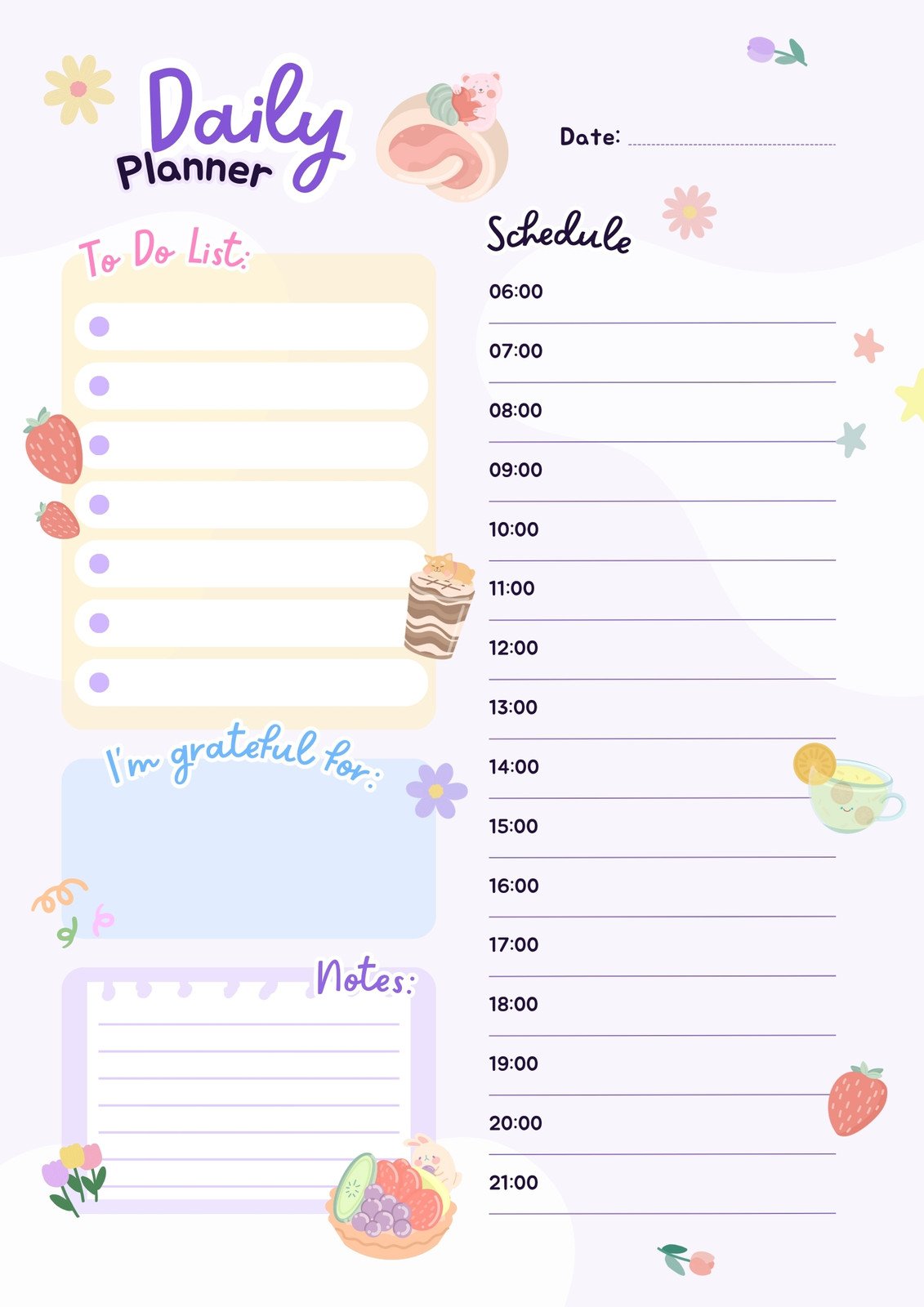 Purple Pastel Minimal Cute Illustrated Daily Planner A4