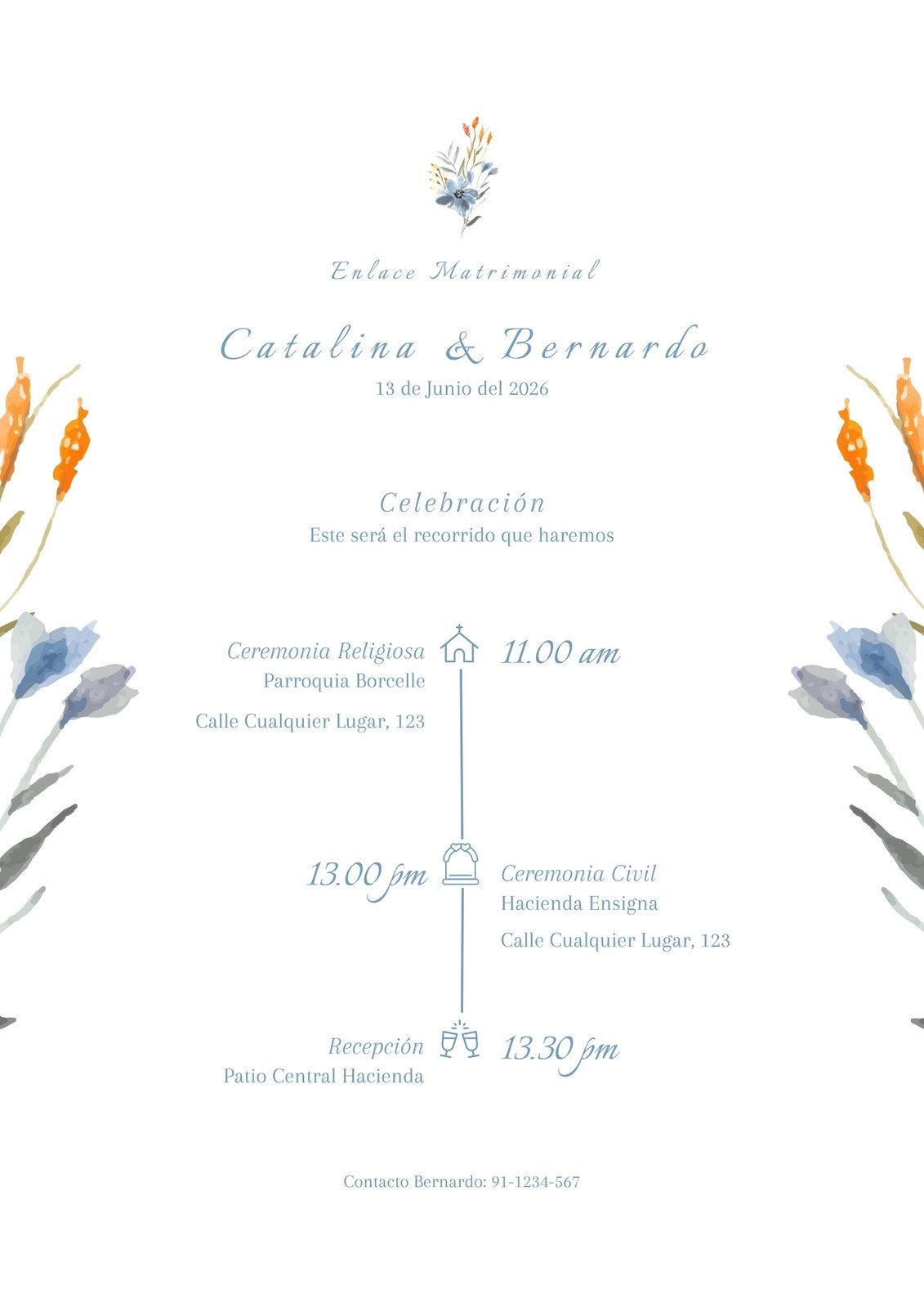 Programa de Boda Itinerario Floral Acuarela Azul