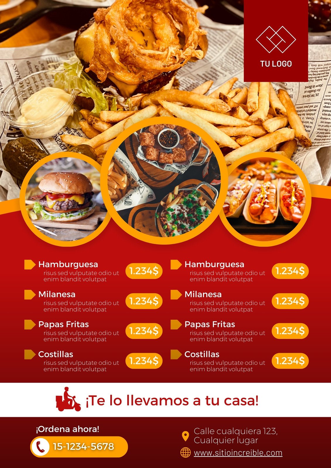 Flyer de restaurante comida rápida menú simple rojo y naranja
