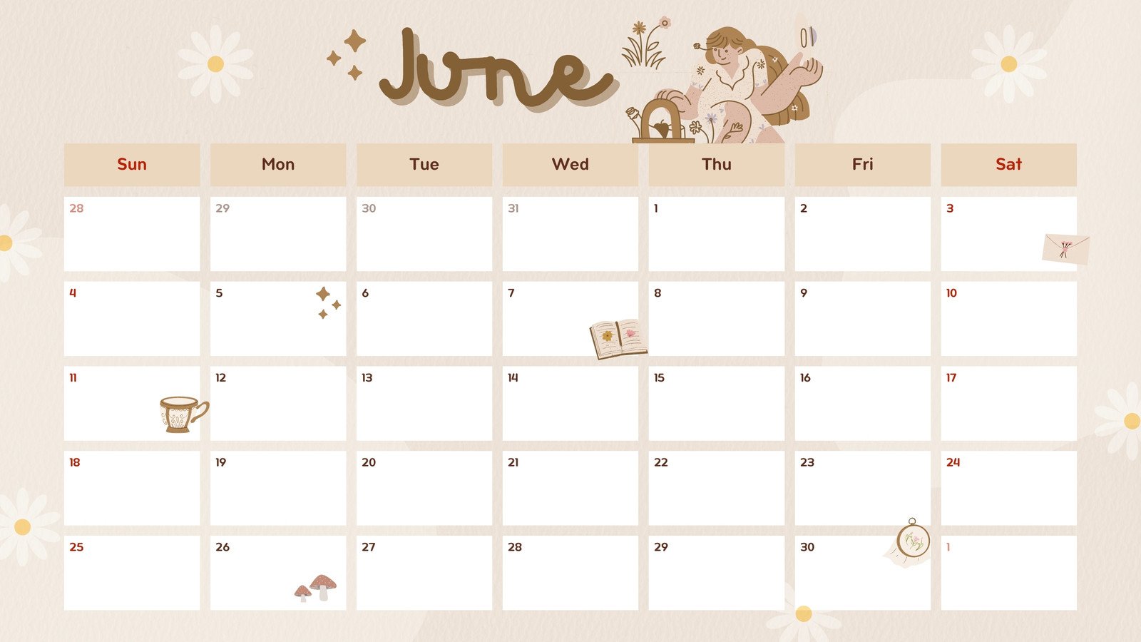 Beige Brown Texture Cute Cottagecore June 2023 Monthly Calendar