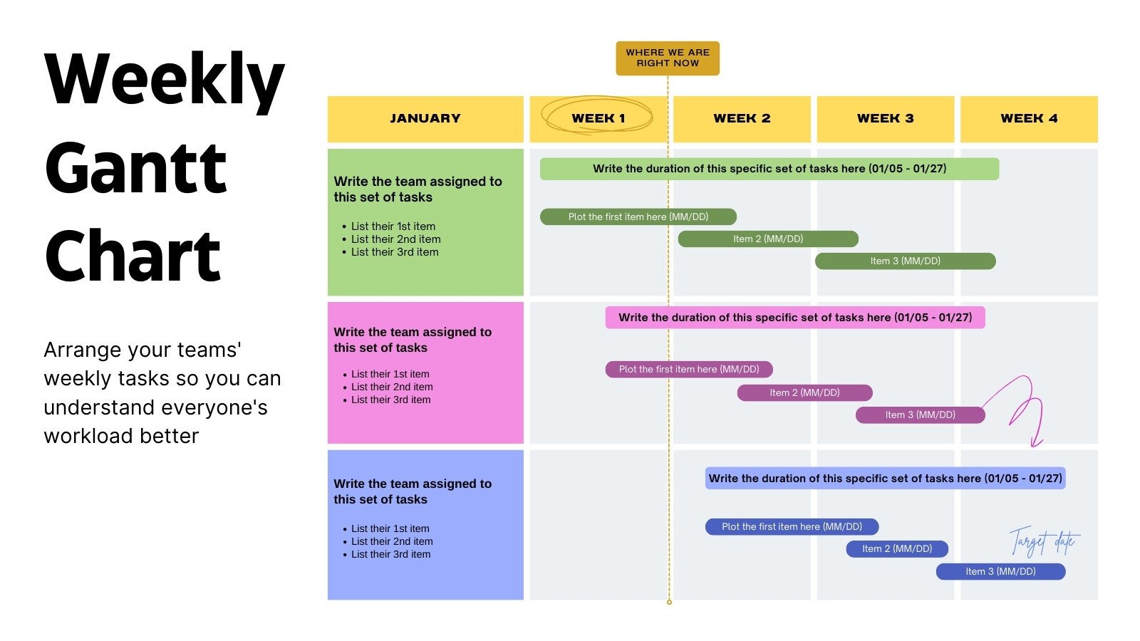 Weekly Gantt Chart Planning Whiteboard in Yellow Green Pink Spaced Color Blocks Style