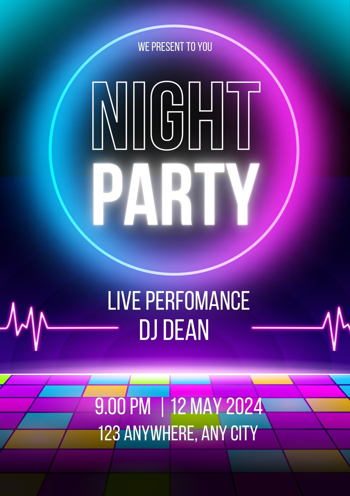 Blue and Pink Neon Night Party Event Poster