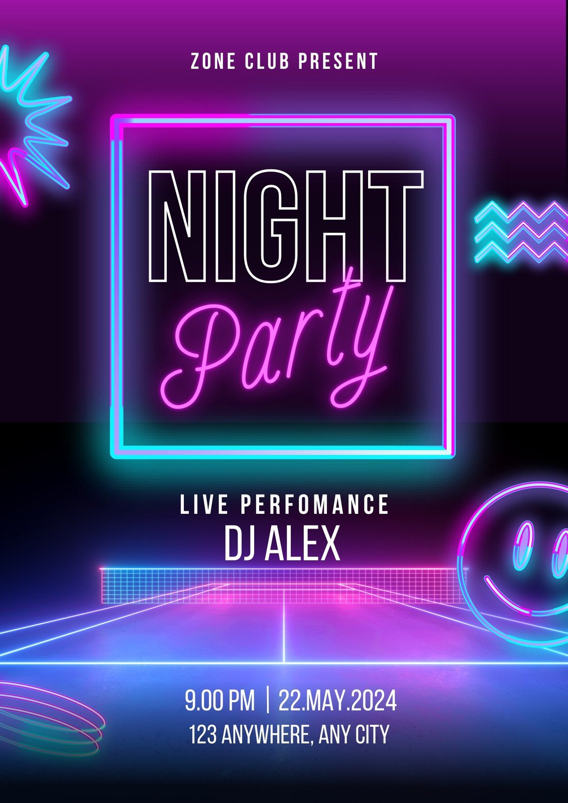 Blue and Pink Neon Night Party Poster