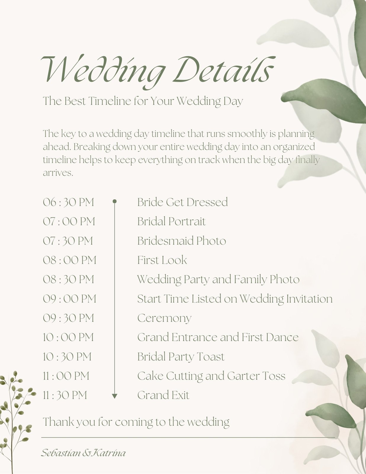 Green and Beige Modern Floral Wedding Detail Itinerary Planner