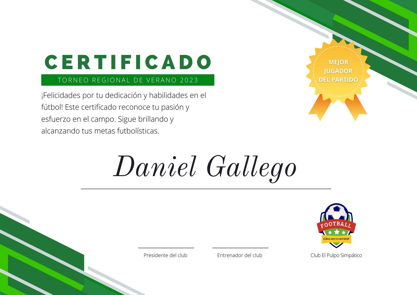 Certificado premiación de deporte geometrico verde y blanco