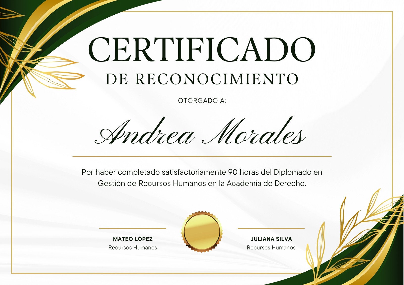 Certificado Reconocimiento de Recursos Humanos Moderno Verde