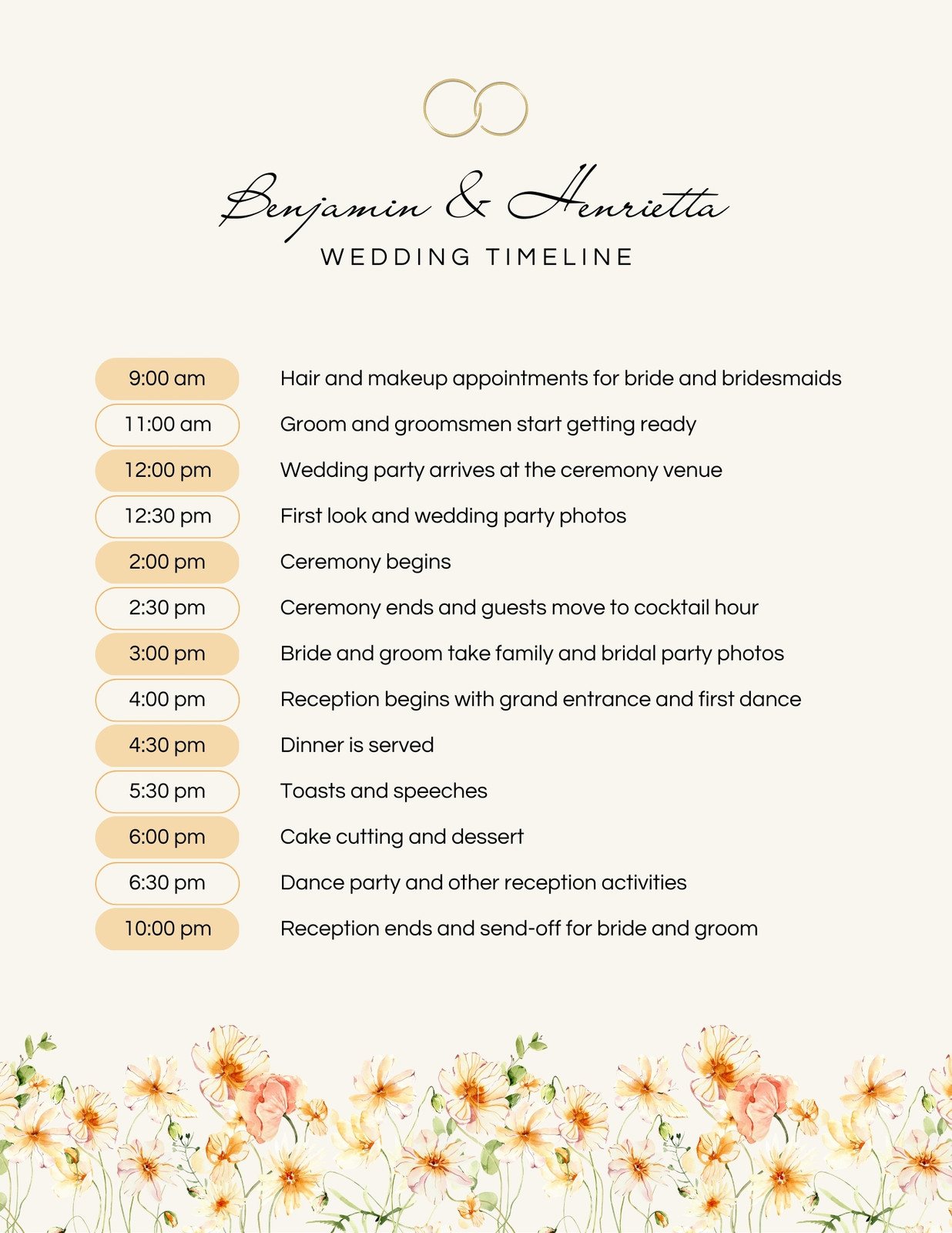 Beige Watercolor Floral Pattern Wedding Timeline Planner