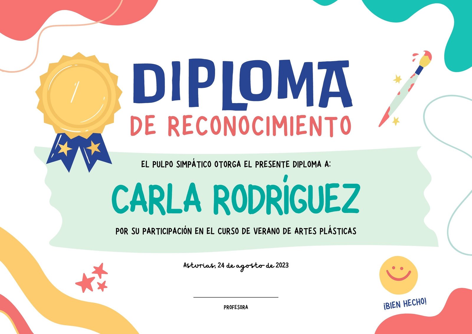 Certificado de Reconocimiento Curso de Artes Ilustrado infantil Multicolor