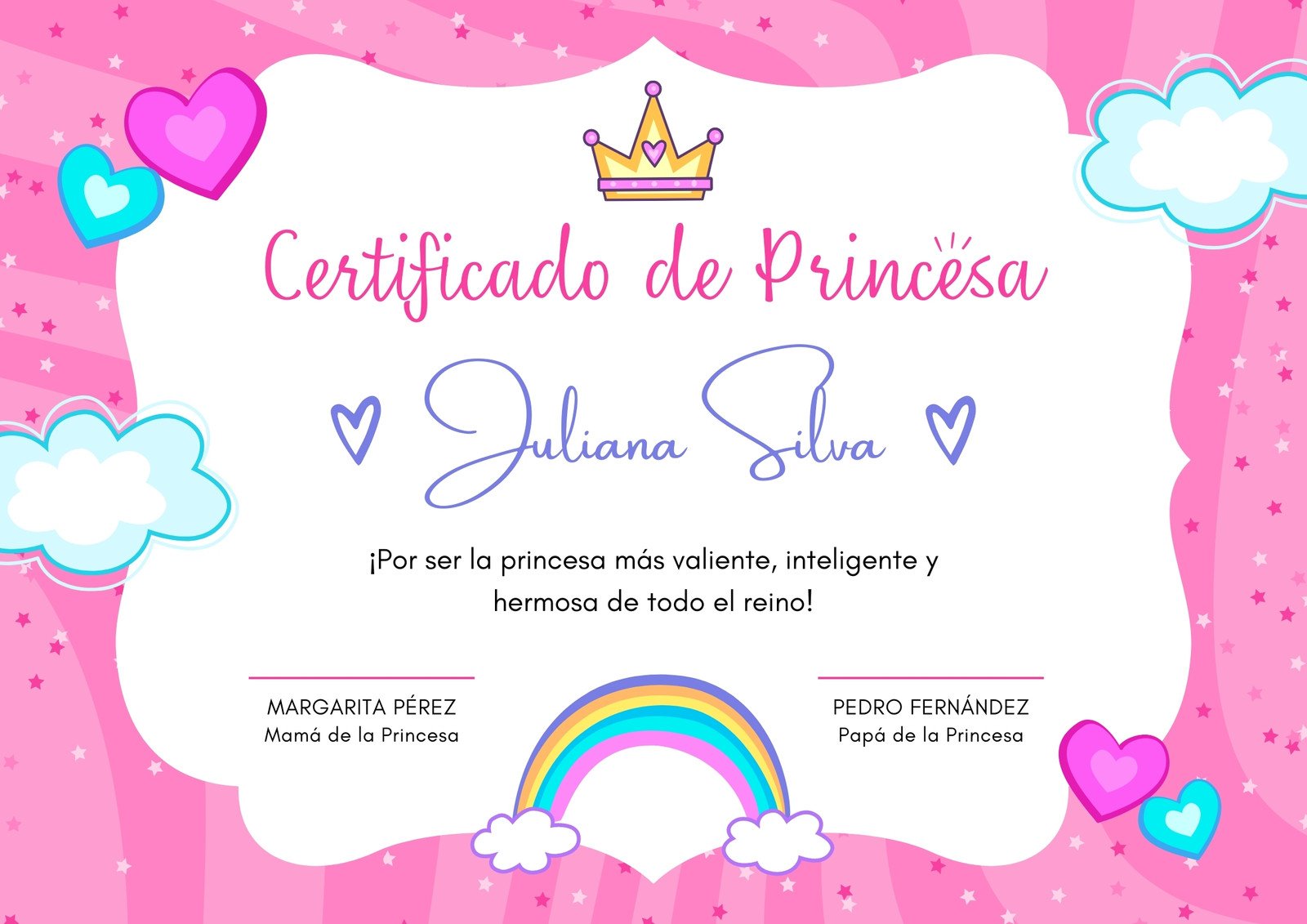 Certificado Princesa Ilustrado Rosa y Azul