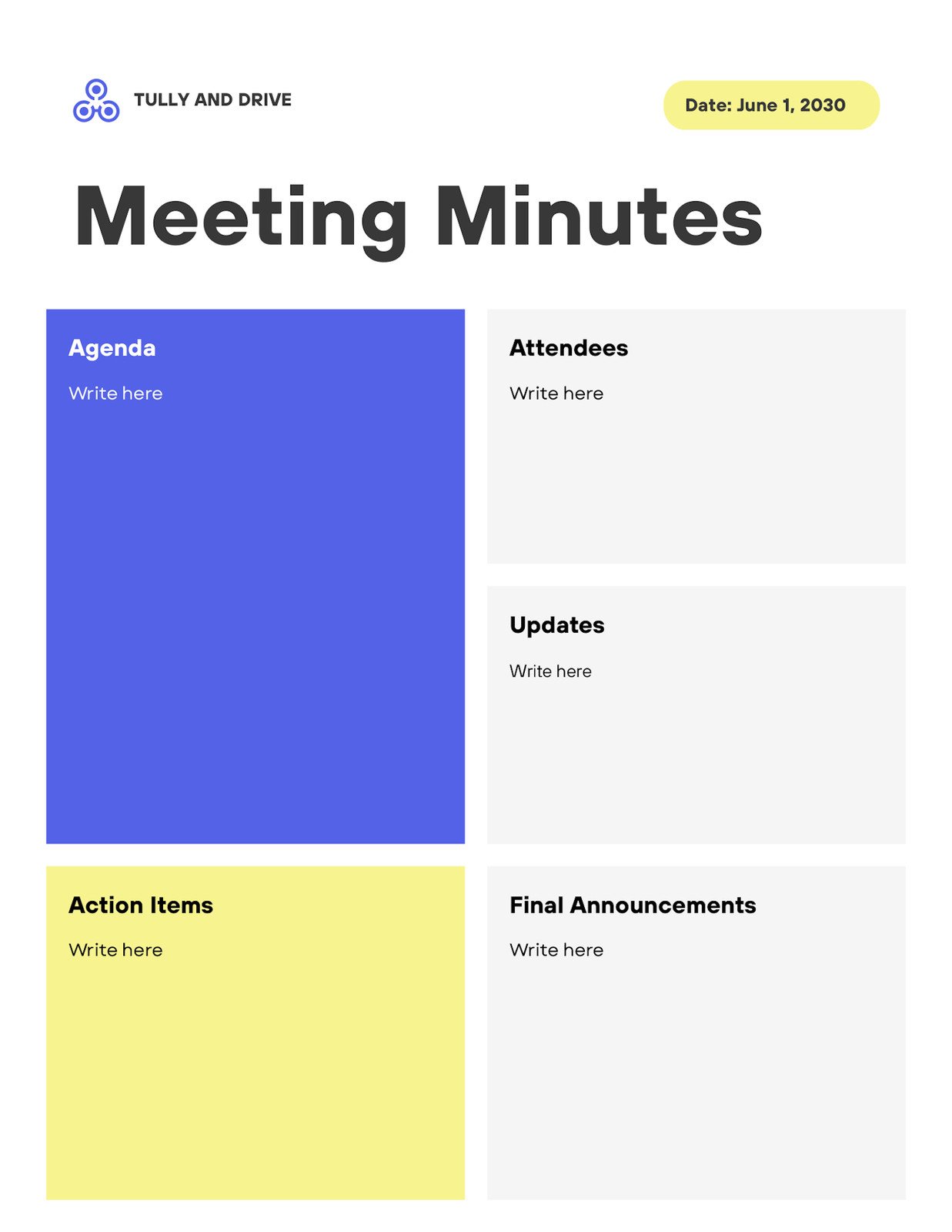 Meeting Minutes Doc in Blue Bright Yellow Grey Bright Modern Style
