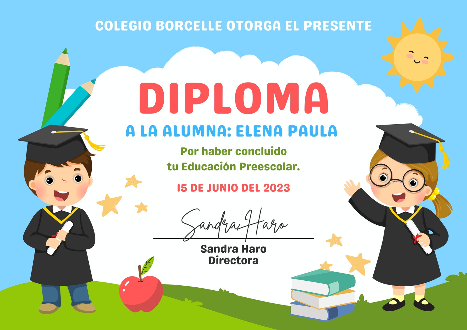 Certificado Diploma de Preescolar Ilustrado Azul y Verde 