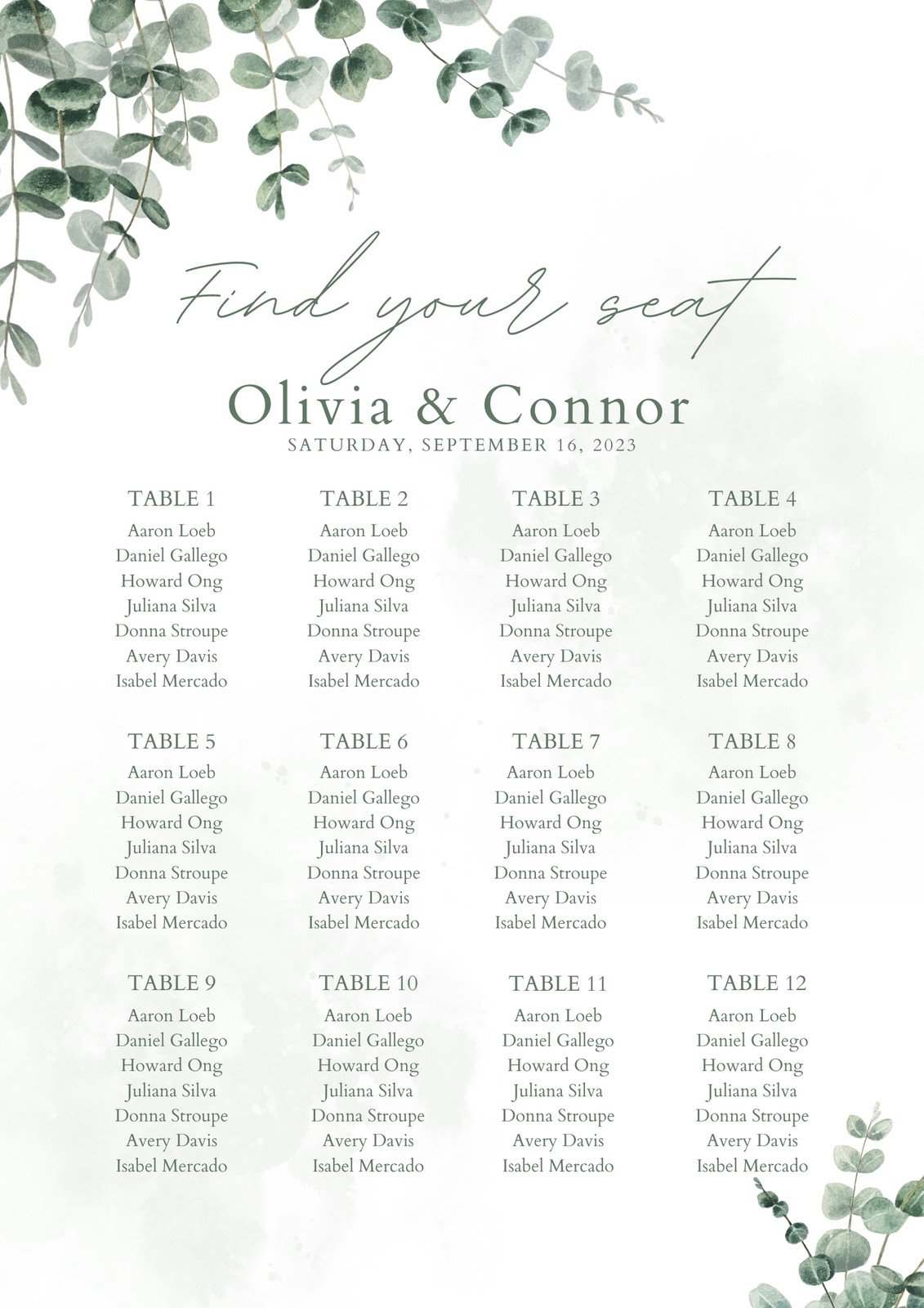 Green and White Soft Watercolor  Wedding Seating Chart