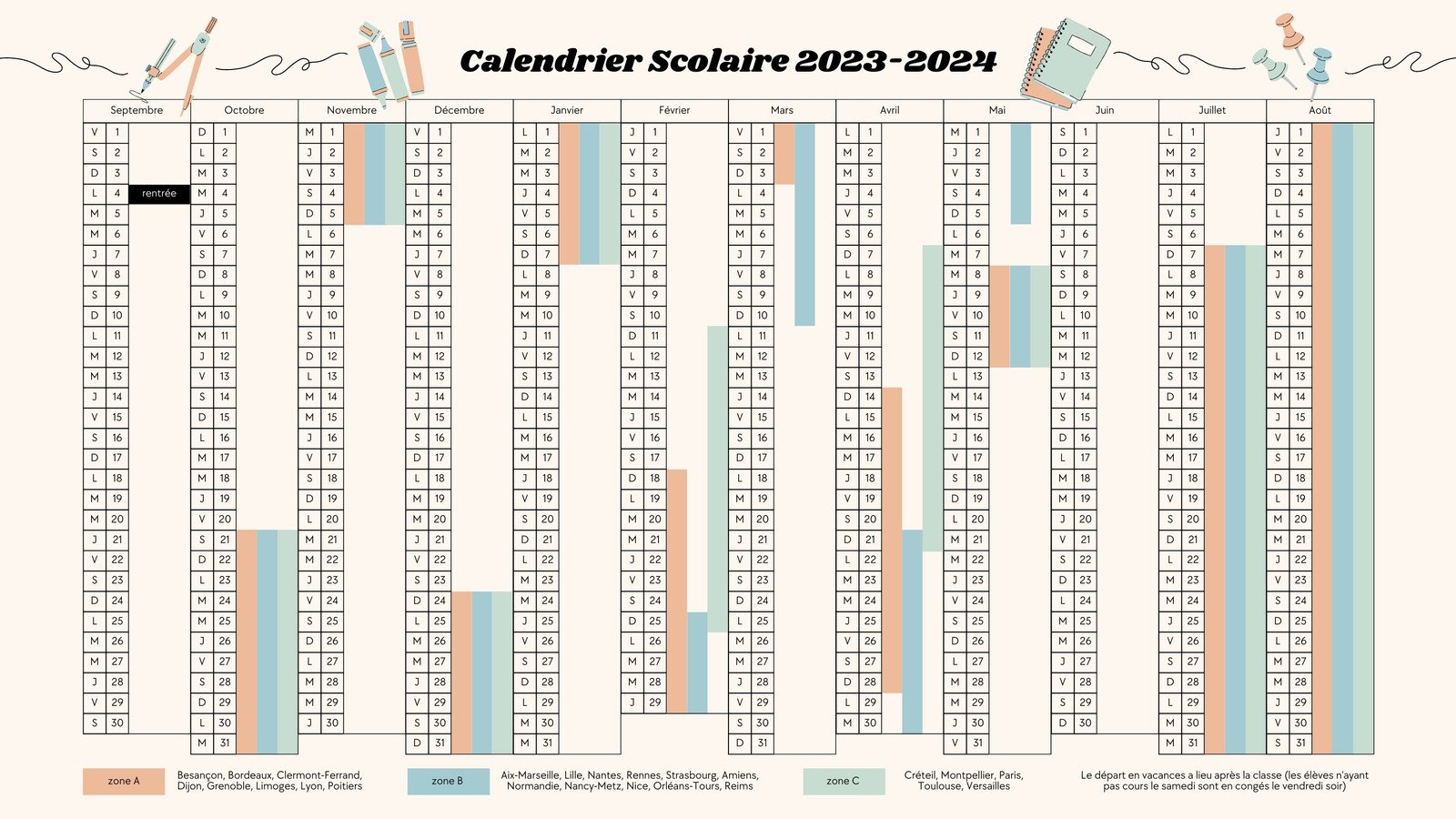Calendrier scolaire 2023 2024 Excel gratuit 