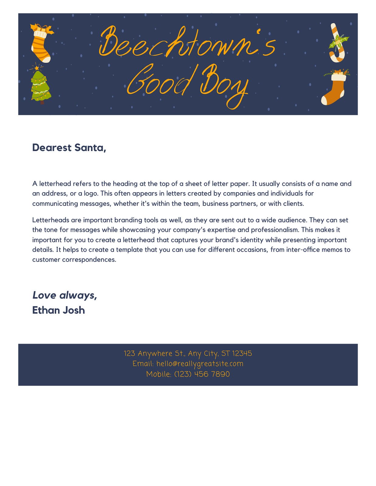 Christmas Letter Doc in Dark Blue Bright Orange Yellow Green Playful Illustrative Style