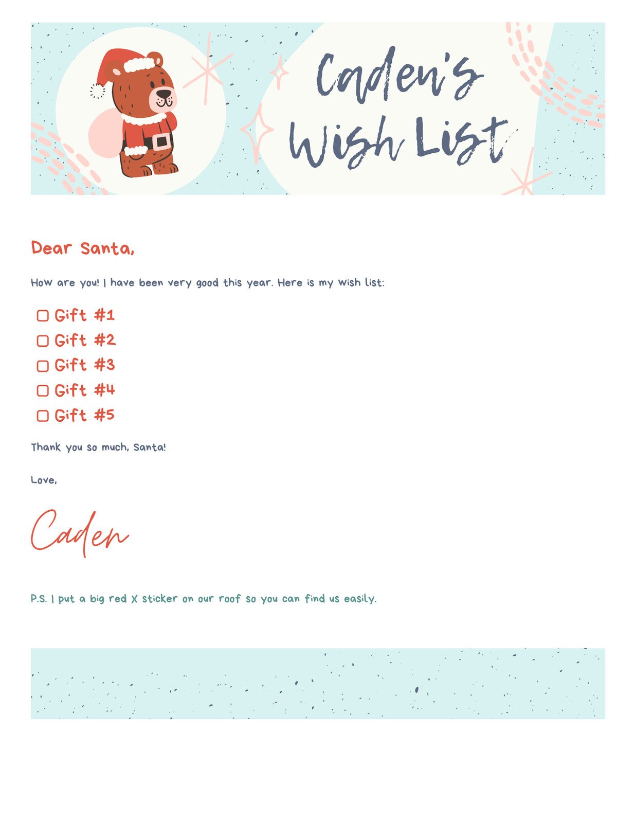 Christmas Letter Doc in Pastel Blue Pastel Pink Bright Red Playful Illustrative Style