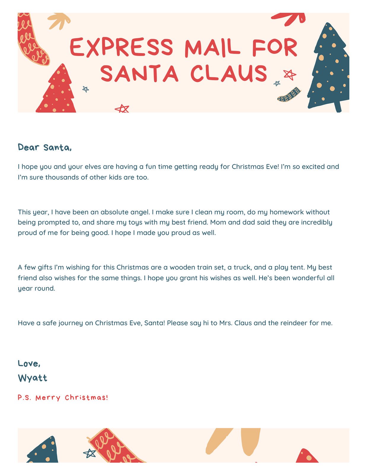 Dear Santa,Christmas Letter Doc in Red Green Cream Playful Illustrative Style