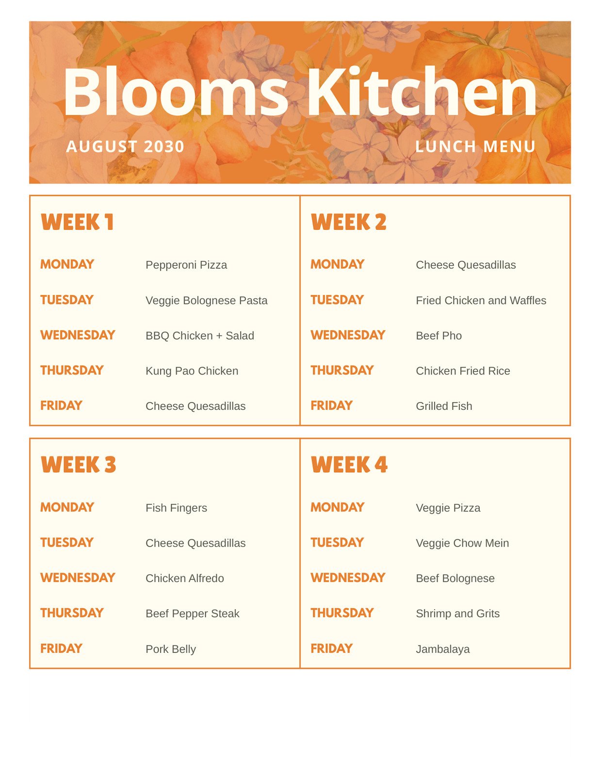 Monthly Meal Planner Doc in Orange Light Yellow Floral Style