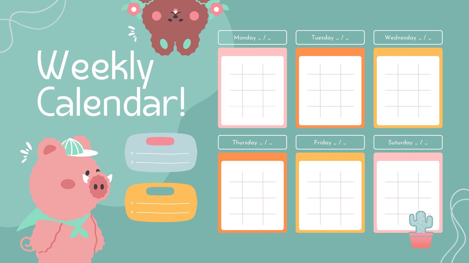 Green and Pink Organic Hand-drawn Weekly Calendar