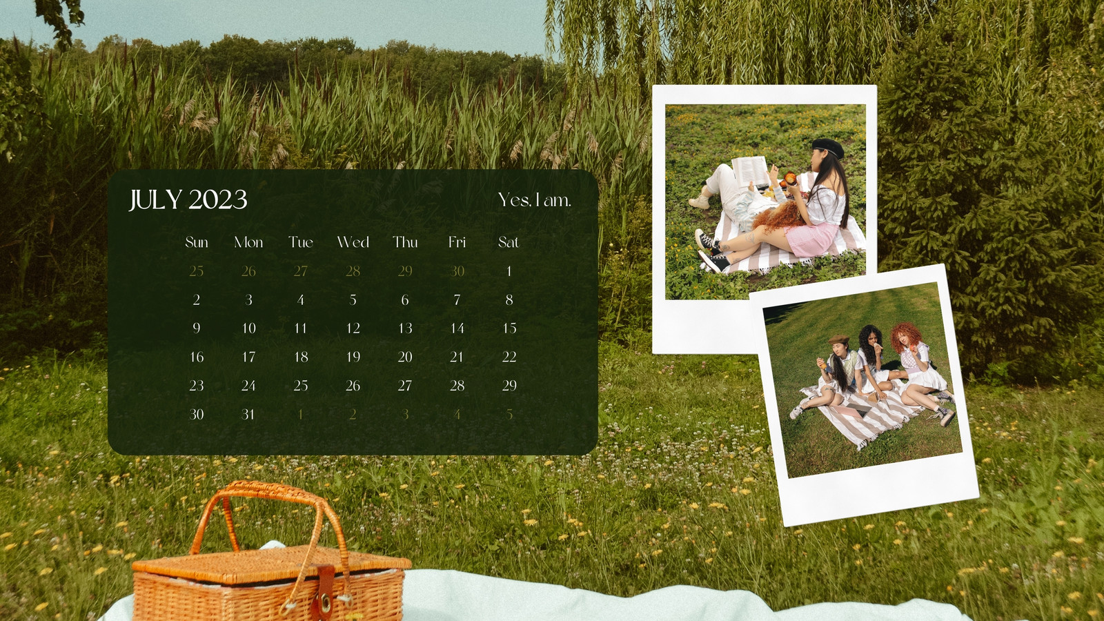 canva olive green modern natural picnic july 2023 calendar desktop wallpaper lgIS4uyO57w