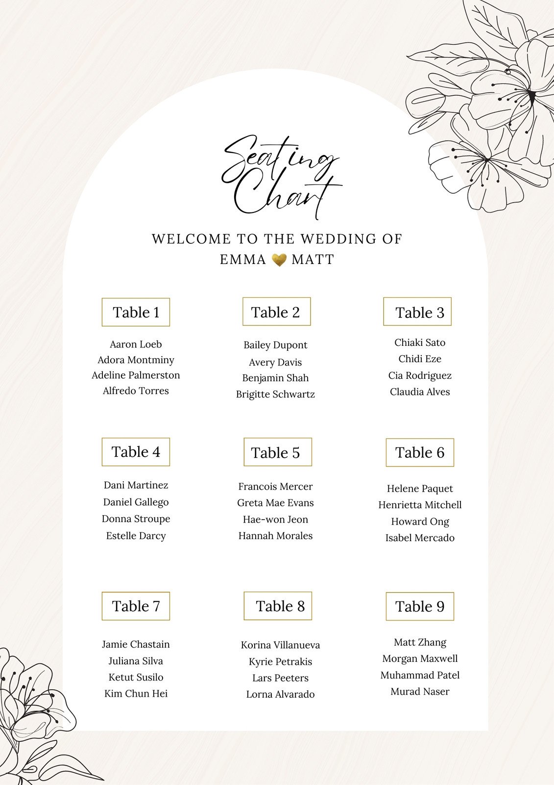 Beige Minimal Floral Wedding Seating Chart