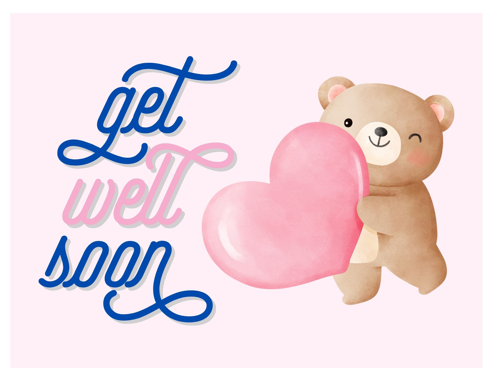 Get Well Soon - Watercolour Teddy Bear and Heart Greeting Card