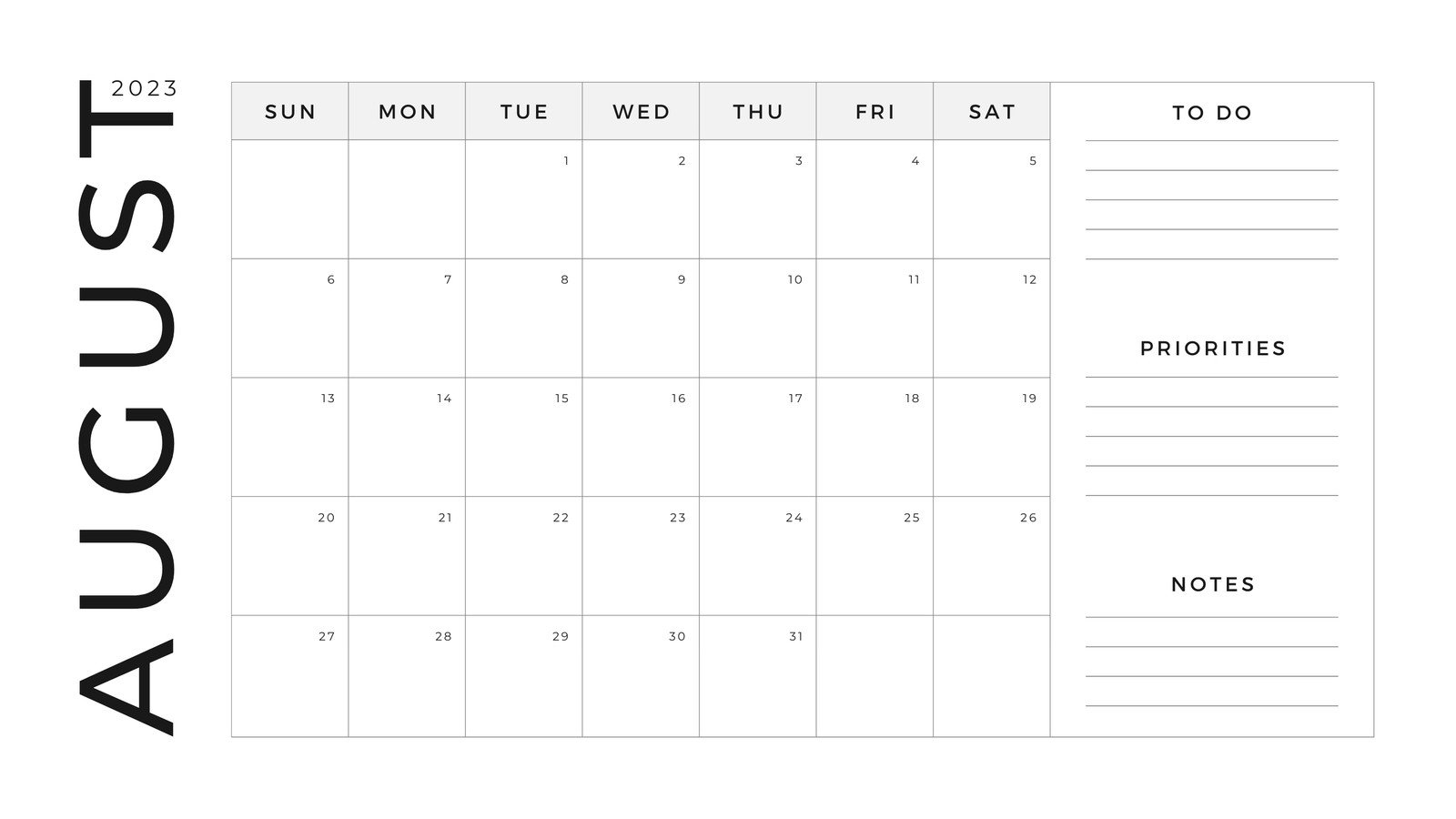 Grey White Minimalist Simple August 2023 Monthly Calendar