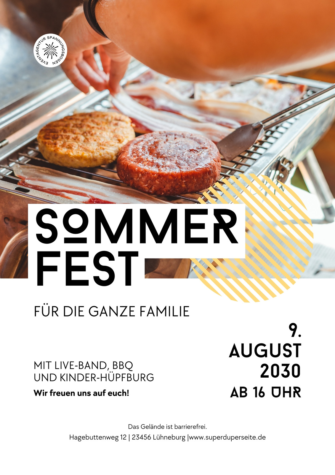 Minimalistischer Flyer mit Einladung zum Sommerfest in Weiß Schwarz Gelb