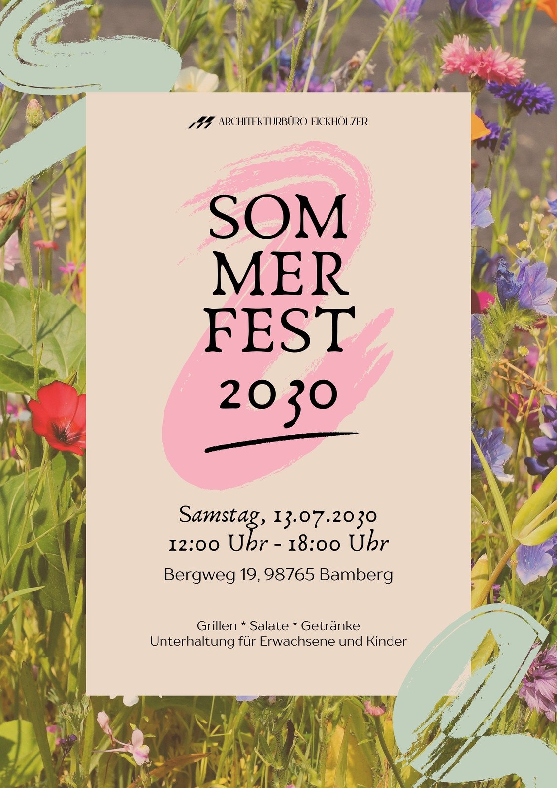 Einfacher Flyer mit Einladung zum Sommerfest in Beige Grün Rosa