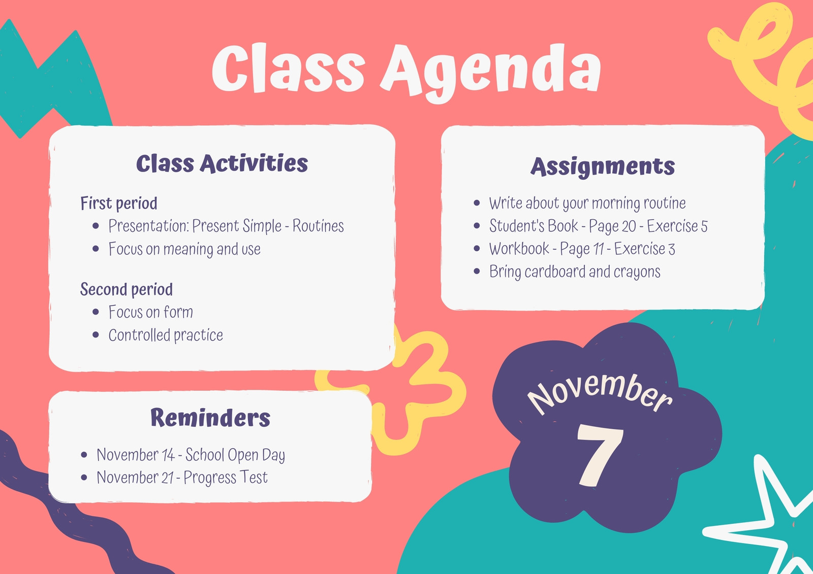 Colorful Handdrawn English Class Agenda