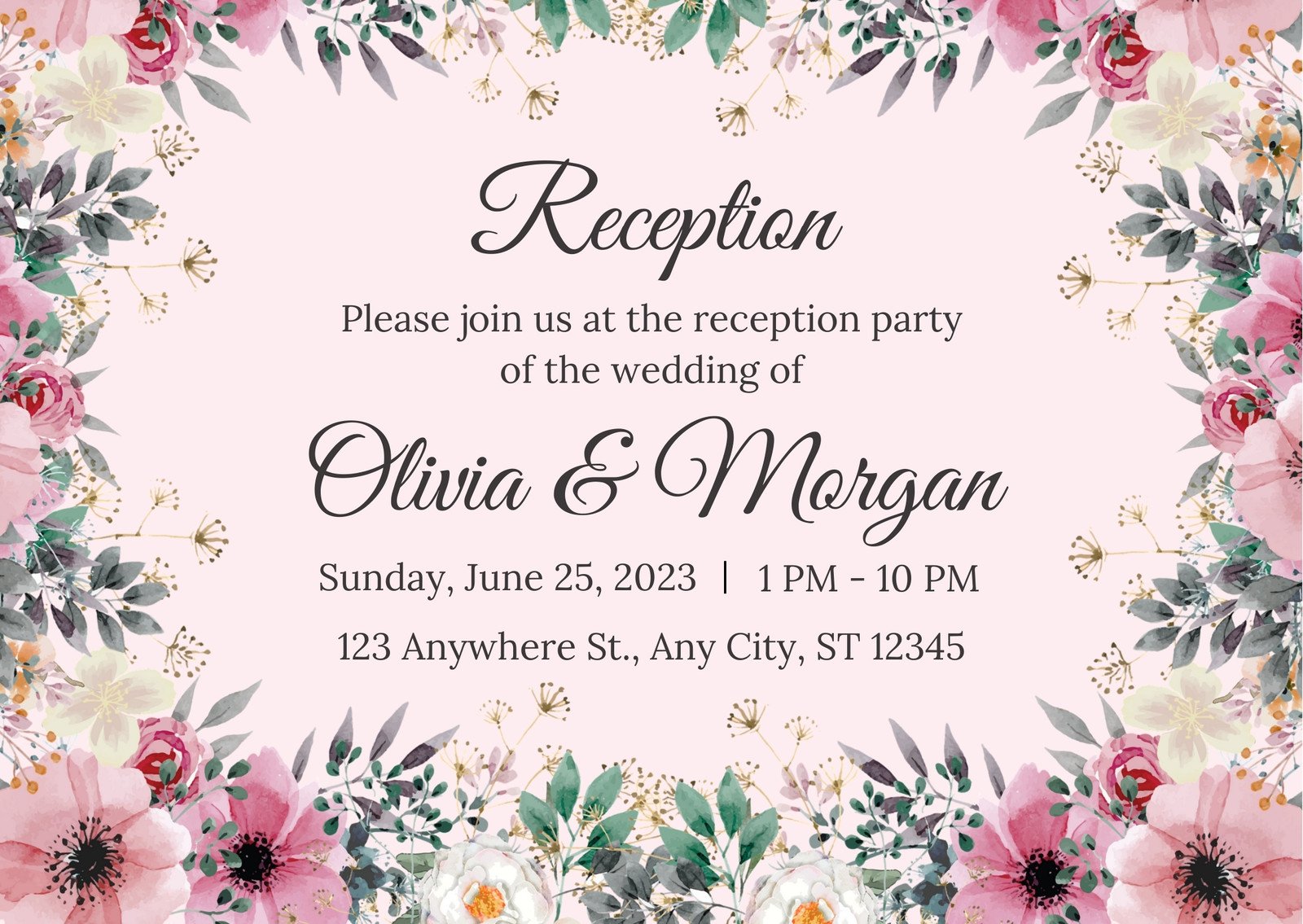 Pink and Green Floral Wedding Reception Card