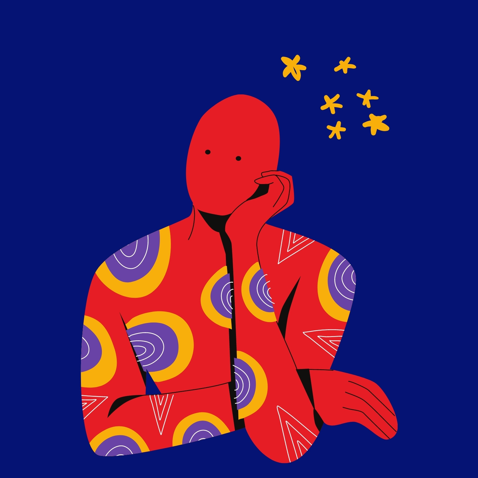 Avatar Foto de Perfil Dibujo Ilustración Pensativo Abstracto Extraño Psicodélico Vivo Colorido Moderno Azul, Rojo y Amarillo