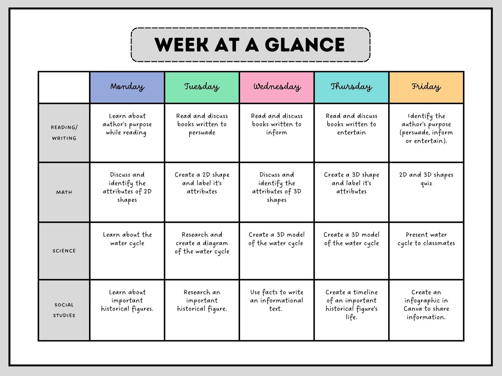 Colorful Creative Digital Weekly Class Agenda