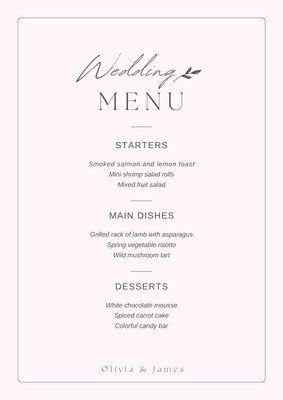 Minimalist Watercolor Wedding Menu, Elegant Handmade White and Red