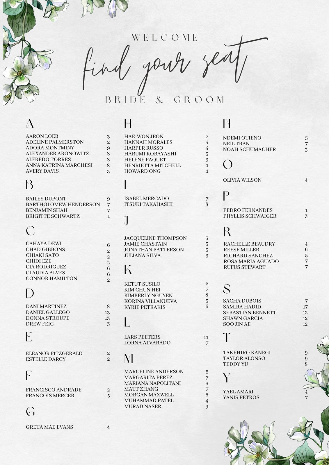 Green and Grey Flowers Watercolor Alphabetical Order Wedding Seat Plan Chart 