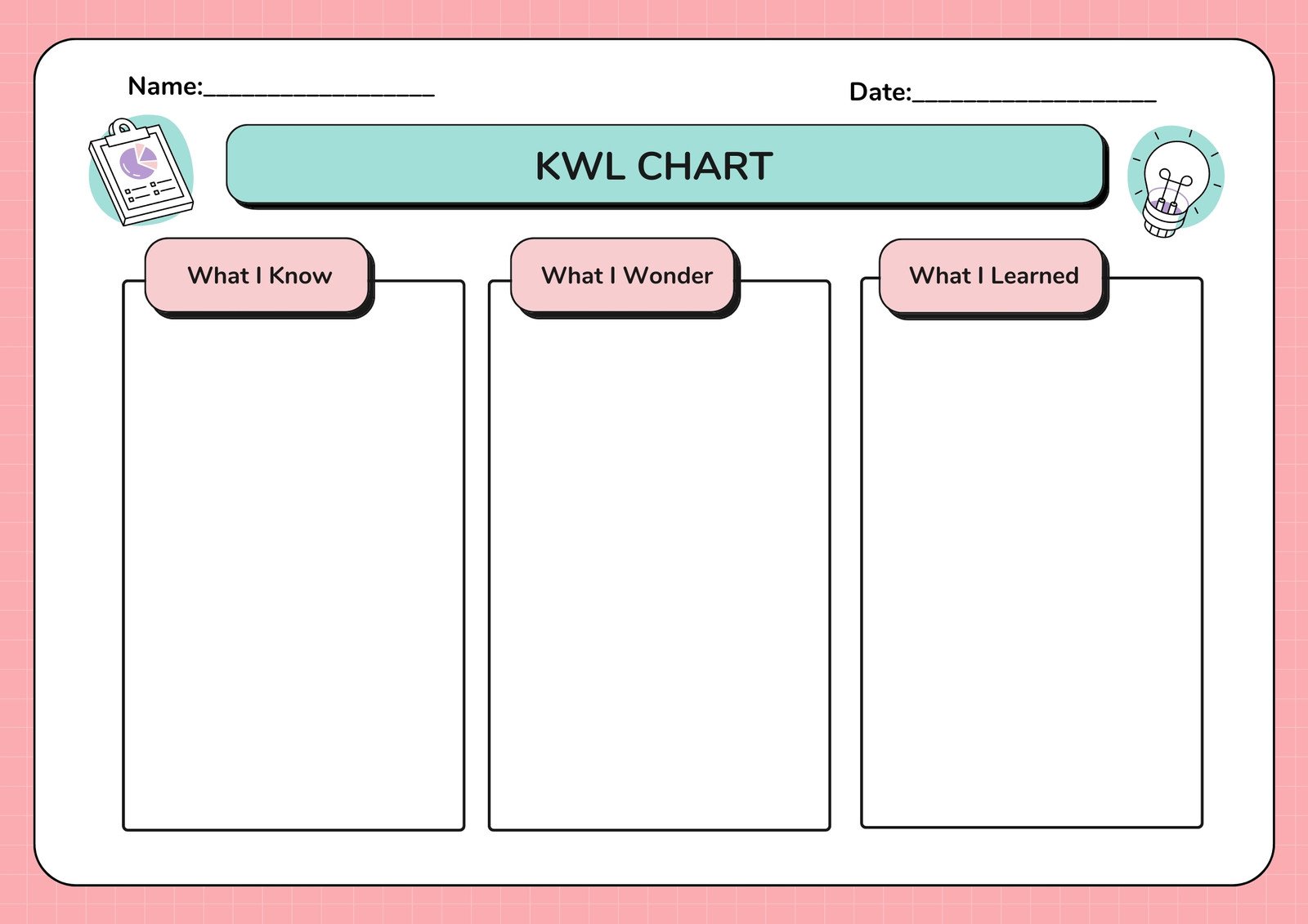 Pink KWL Chart Graphic Organizer