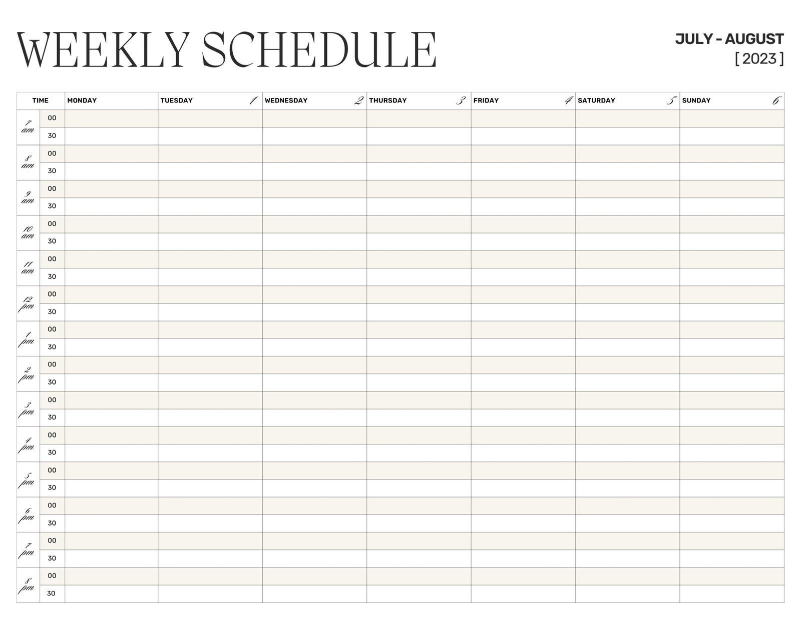 Half Hour Weekly Schedule on 2 Pages, Weekly Planner Printable