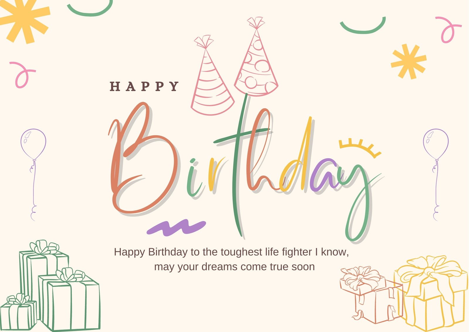 Colorful Playful Cute Illustration Outline Happy Birthday Card