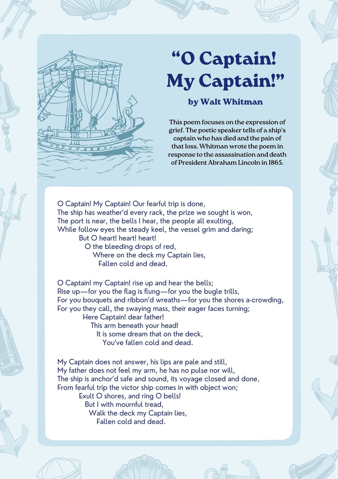 Theme or Central Idea in a Poem Educational Poster in Blue White Friendly Hand Drawn Style