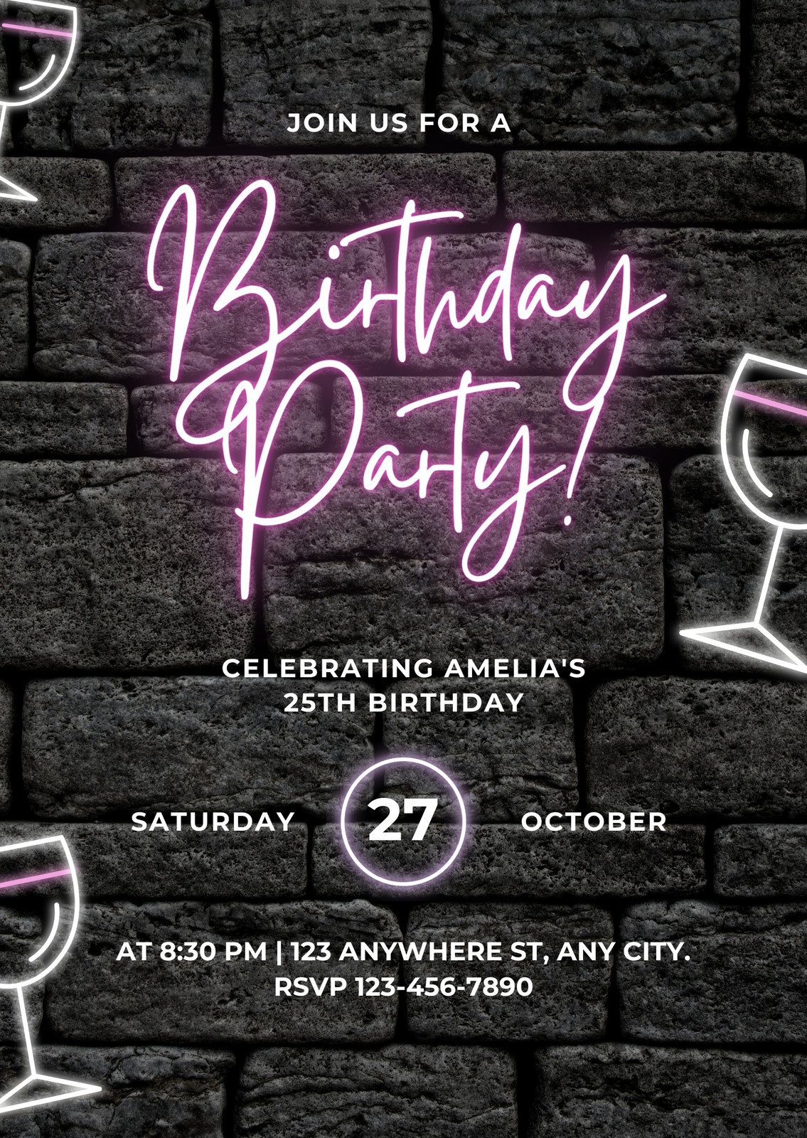 Pink Neon Birthday Party Virtual Invitation