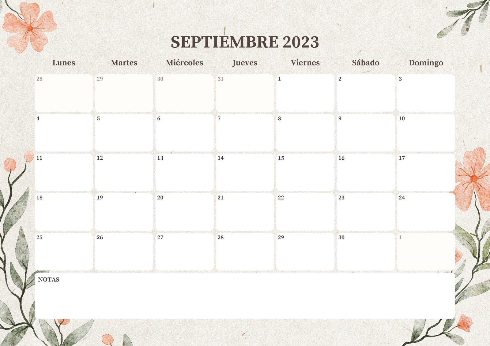 Organizador Gráfico Calendario Mensual Floral Beige